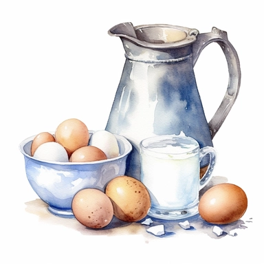 watercolor, hyper realistic, white background, white margins, 16k, ultra detailed clipart, cut out image, hand-drawn vintage milk jug and a bowl of fresh eggs on a kitchen counter, in the style of dark white and light blue, children's book illustrations, soft watercolours, pictorial fabrics, light color