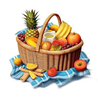 a beach picnic basket, tropical fruits,the basket is sitting on a blue and white beach towel, center composition, clipart illustration, cute, ultra detailed, photorealistic, on white background--no cut off
