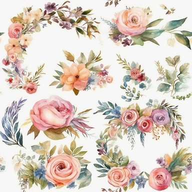 Design a set of watercolor-style digital cliparts specifically for wedding and event decorations. The cliparts should include elements such as flowers, garlands, wreaths, ribbons, and romantic symbols like hearts and doves. Consider various color palettes and styles to cater to both traditional and modern weddings and events. The cliparts should be versatile and suitable for use in invitations, save-the-date cards, menu cards, table cards, seating charts, and other decorative elements