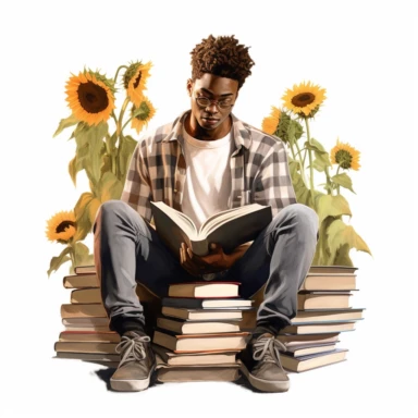 black, African American young men surrounded by books and sunflowers whilst reading intently, clipart, hyper realistic, watercolor style, white background