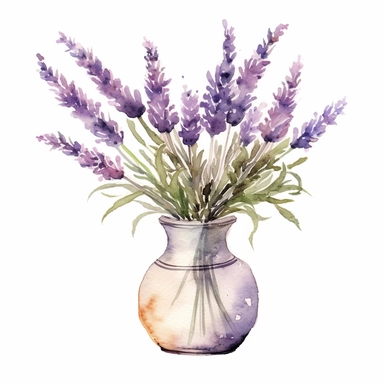 watercolor small glass vase with lavender clipart on white background