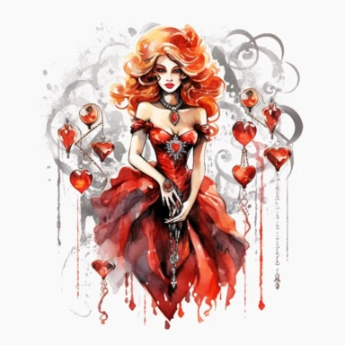 Clipart white background - Bring to life a fantasy Queen of Hearts with intricate tattoos and ornate jewelry, watercolor, aesthetic