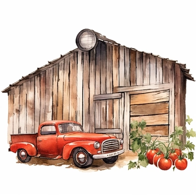 tomatoes hanging on a wooden panel watercolor clipart & clip art, in the style of light red and dark gray, narrative paneling, classic american cars, uhd image, hand lettering, depiction of rural life, wood fence clipart