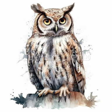 A Cute Happy Owl Sitting.Watercolor hyper-realistic detailed animal illustrations, elegant inking techniques, delicate markings, monochromatic paintings, free brushwork, watercolor illustrations, painted illustrations Clipart, White Background
