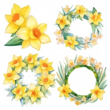6 Watercolor daffodils Clipart, daffodil wreath, daffodil floral bouquets in PNG format instant download for commercial use in a propaganda style art