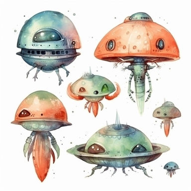 cute alien spaceship watercolor clipart collection on white background with margin