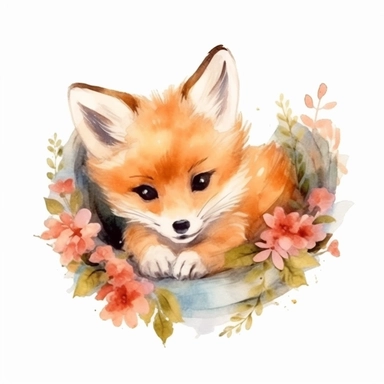 cute baby fox, laying down with on their belly, watercolor clipart, surrounding with flower, in the style of traditional oil painting, cheerful feel