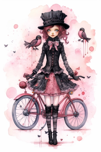 watercolor mixed media pink goth steampunk girl entire body illustration in front of a gothic steampunk bicycle clipart by holly hobbie