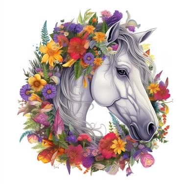 hyperrealistic, beautiful white horse head, grass and wild flowers with sun, cartoon style, no background, no shading, white background, funny and fruit, fantasy, Realistic colorful magic musroom, clipart background, sticker, drawing, fantasy, lot of details, psychedelic, no watermark, purple,