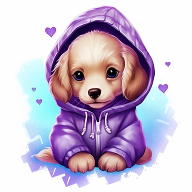 a shy baby dog in hoody Clipart, covered in hearts, Nursery summer Clipart, Easter Clipart, Crafting Digital Paper, purple and blue backlight Mother’s Day, white background