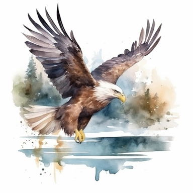 Eagle Flying with holding Fish over a lake , watercolor Clipart,Isolated