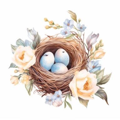realistic Watercolor floral Nest with bird eggs Clipart, be creative and detailed, white background