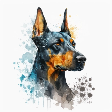 the Doberman Pinscher is painted beautifully with watercolor splashes, in the style of light azure and dark amber, uhd image, avacadopunk, ferrania p30, elegant, emotive faces, high resolution, symmetrical, white background, no overflow, clipart