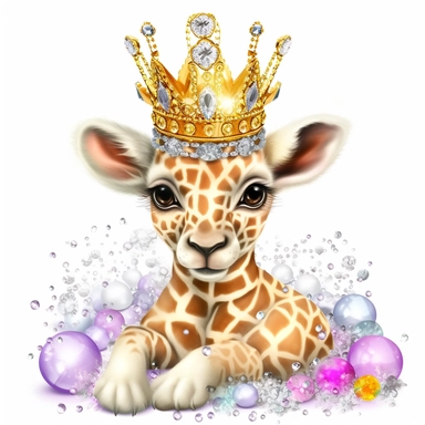 clipart image, with a white background of a hyper realistic, crystal pastel Color’s, reflections, detailed, whole body of a baby giraffe with toys , with gems, diamonds, jewelry, sparkles, shimmer, sparkling, smiling , big eyes, big hair, jewelry, halo, with beautiful crystal crown, fantasy, magical, eternal, clear, animal tiger, small smile, Confident in nature, pastel colours, light pink, whites, white, gold, shinning, 4K, hdr, 8k, high resolution, diamonds, lighting, Sun bright lighting, gorg
