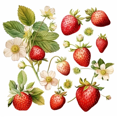 Clipart, beautiful combination with delicious strawberries, strawberries with leaves and flowers, summer, fresh, watercolor paints, isolated objects on white background, digital rich, beautiful combination, high quality, 8K-Q2-S750