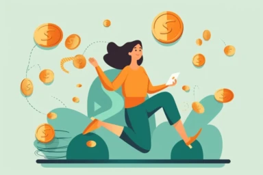 Secure mobile payment, money transfer or online finance concept with smartphone, woman, flying coins, wallet. Digital internet transaction or cashback banking illustration. Safe money transfer clipart