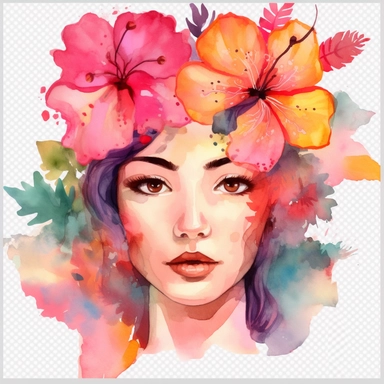 watercolor A woman's face, full body, Hibiscus - Hibiscus flowers are large and colorful, with petals that come in shades of pink, red, and yellow. They are often used in tropical-themed decor and are associated with warm weather and sunny days. with flowers and leaves adorning her hair. hair up with flowers vividly bold designs png Full body realistic cartoon in 32K UHD cute. 15 cm thick outline. Black color. There was no shadow on the ground. 8k with realistic watercolors. and detailed illustr