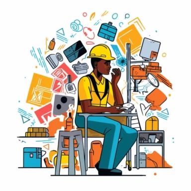 Against a pure white background, depict a series of potential safety risks in a workplace, such as a slippery floor, unguarded machinery, and cluttered workspace. A worker is seen in the background, indicating the importance of being aware of these risks. The image should be designed in a clipart style, with bold outlines and vibrant colors to highlight the potential safety risks. The image should be photorealistic, highly detailed, and in high-resolution 16k.