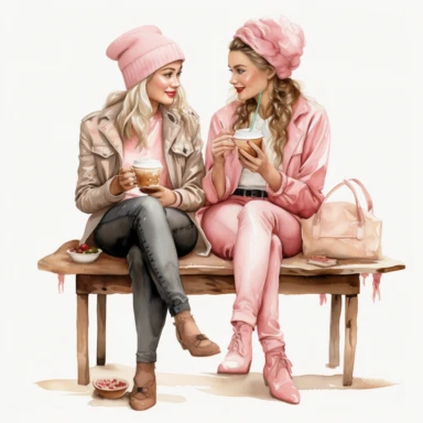 Watercolor Clipart, two young ladies, best friends, 19 Pink girly, drinking coffee ,single object, isolated on white background, highly detailed, hand painted watercolor illustration by Cath Kidston, Emma Bridgewater, png transparent background, white background for removing background - - no text shadow font watermark