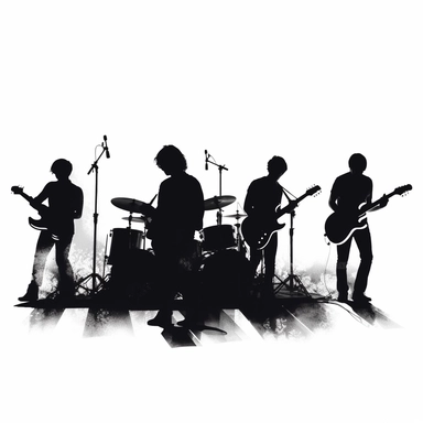 high resolution, solid black silhouettes, clip art, rock band themed, 4k, white and black only