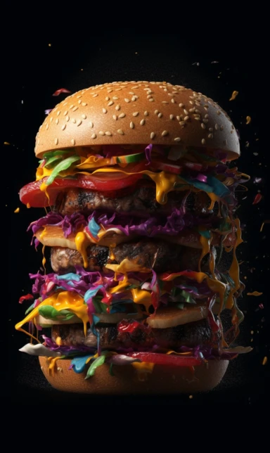 hamburger clipart cliparts, in the style of manipulated photography, striking composition, black background, vray tracing, structured chaos, dinocore, precarious balance