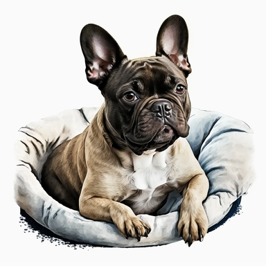 french bulldog, on a dog bed, tempera clipart illustration, dark vibrant colour, vivid, clean, crisp, smooth, white background
