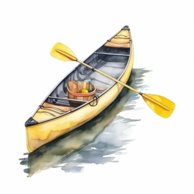 Solid white background, Detailed watercolor clipart, yellow canoe kayak with paddle