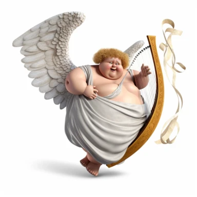 clipart, hyper realistic, obese Angel flying with harp