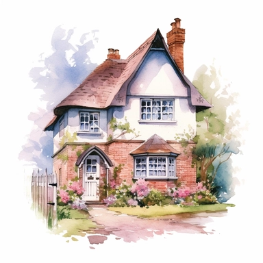 Vector clipart, isolated on white background, beautiful lovely Watercolor cute little colorful house, spring time , ornated, pastel colors, small England village
