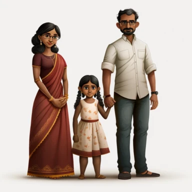 young indian mom and dad standing next to each other and 5 year old daughter standing in front of them. white background. clipart, high resolution