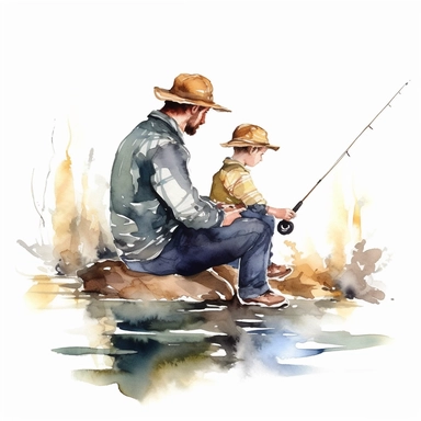 Fishing Father & Son Watercolor Bass Fishing Family Clip art, white background