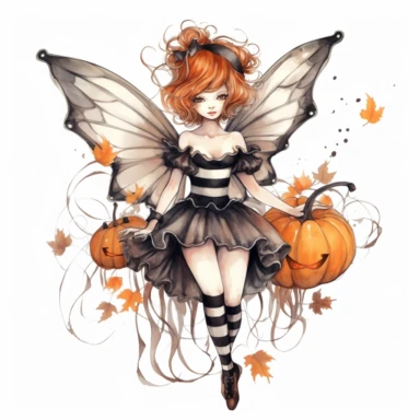 watercolor style Halloween fairy, clipart, large orange,wings, black white stripes, pumpkin, isolated on white background, in the style of Amy Brown, beautiful fall floral, bright color, crisp lines, chaos 8