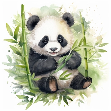 adorable cute laughing baby panda in bamboo forest, watercolor clipart, high definition, cute character, detailed, intricate detail, megapixel, super resolution, white background, no watermark