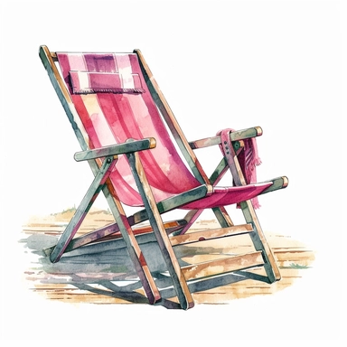 watercolour illustration beach lounger chair pink themed colours, highly detailed, clipart, white background, contour, clear outline