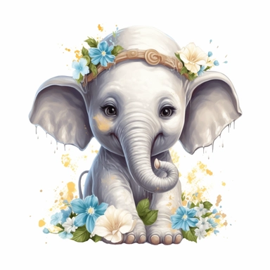 cute baby elephant with a smile on its face and flowers, soft color, HD, cartoon image, on white background Clipart,Cartoon, hyper realistic, intricate detail, illustration style,high solution,on the white background