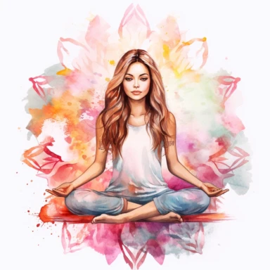 Young woman in yoga lotus pose with eyes open. pale watercolor mandala background, isolated clipart, gradient watercolor-- seed 3031338457