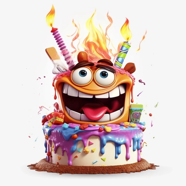 clipart of a messy two layer birthday cake, there is a funny face in the cake, candles, cartoon, for kids, funny, pixar, 8k, white background, sharp focus, detailed,