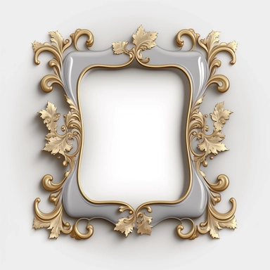 A single vintage gold frame clipart with a glossy, reflective finish and a rounded rectangular shape. The intricate details of the frame are highlighted by the shine of the silver, creating a modern and sleek look. The background is a soft gray with a subtle texture, adding depth and dimension to the design. [1], [2], [3], [4], photography, Close-up macro photography with a wide-angle lens, creating a shallow depth of field and emphasizing the intricate details of the frame. Shot on a Canon EOS 