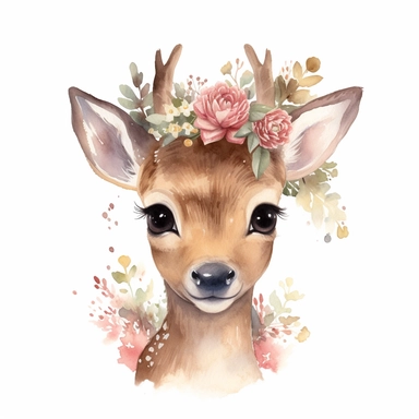 cute baby deer with a peony crown on his head, black eyes with lashes, brown fur color, old school illustration style, soft watercolors, white background clipart