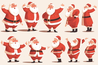 clipart happy santa claus, multiple poses and expressions, white background, folk art style,