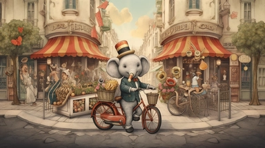 A whimsical chibi-style illustration showing a dapper elephant, trunk swinging in rhythm as he rides an antiquated, large-wheel bicycle. The tuba he carries lets out melodious notes, adding to the jubilant ambiance. The backdrop, a cheerful vintage townscape with cobblestone streets and quaint houses, adds to the storybook charm. Created digitally with a Wacom Cintiq Pro using Clip Studio Paint, utilizing watercolor and pencil brushes for a warm, hand-drawn look