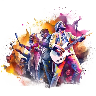 An energetic artwork celebrating the legendary musicians and bands of the time, with dynamic stage performances, crowd reactions, and vibrant concert settings, watercolor, clipart