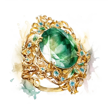 gold rococo ring with large emerald, watercolour painting , detailed , intricate white background. clipart