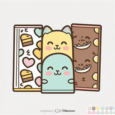 clipart of a kawaii chocolate bar with animal faces and fun designs, pastel colors, thick outline, thick lines, isolated on white background, Yoshitomo Nara