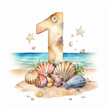 watercolor chic illustration of big number 1 with a circle of beach sand with shells, seasheels and stars, sparse and simple bright watercolor mostly blank, dotted, plenty of white space, beatiful, clipart, sticker art, flat 2d, 8k, high definition, white background