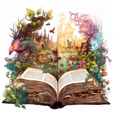 magic vintage Fantasy Open Book looking into another world Clipart, floral,Enchanted.Mythical Creatures' Gathering: Bring together mythical creatures from various folklore, such as dragons, griffins, phoenixes, and centaurs, in a mystical setting like an ancient ruins or a hidden forest clearing, Incorporate vibrant colors and glowing elements to bring the scene to life, on white background ar 3:2 s 1000