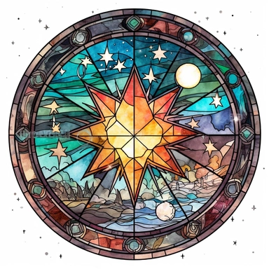 A star-shaped stained glass window clipart, showcasing a celestial scene with planets, shooting stars, and a glowing moon. Rendered in a hand-drawn, watercolor style with a white background for easy cutting.
