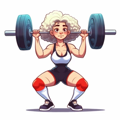 White Female Olympic weightlifting, Blond hair, squatting with barbell over head, detailed face, detailed hands, long beautiful hair, sports clothes, cartoon art, clipart style, solid white background