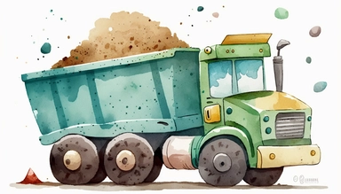watercolor clipart of a dump truck , cute construction cartoon design, watercolor, watercolor paper texture, no background. clear simple shapes. isolated clipart. Adorable. High quality