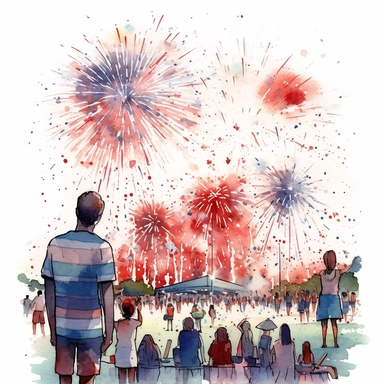 Watercolour of a 4th July celebration , viewed from behind, Clipart,Cartoon,hyper realistic, intricate detail, illustration style,high resolution, isolated on a white background